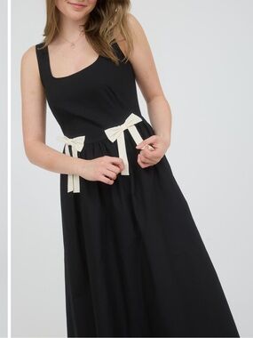 Black Midi Dress with Cream Bow Accents